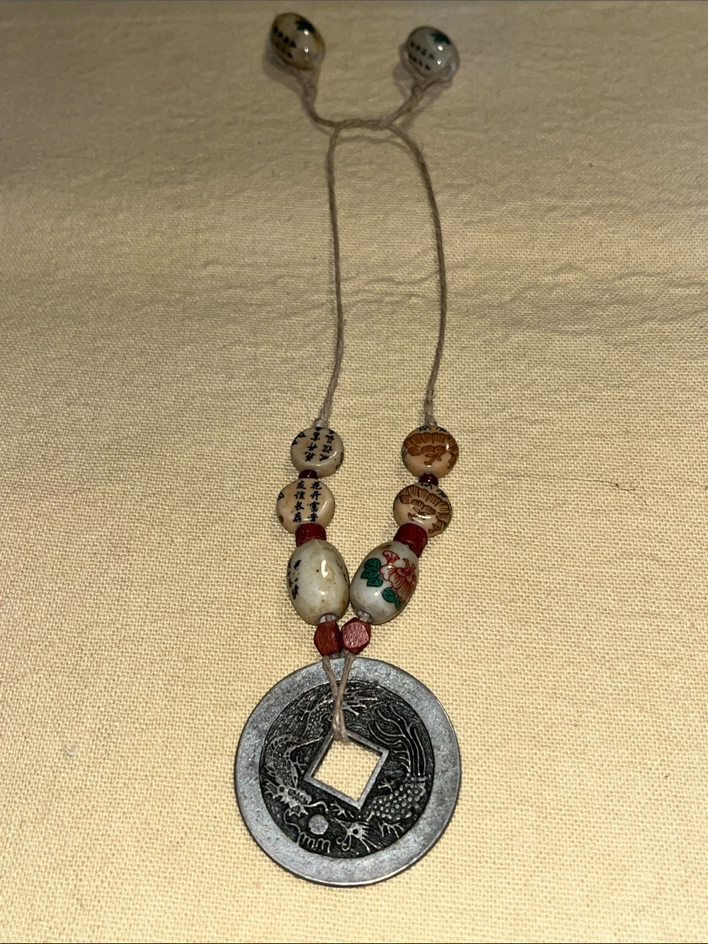 Chinese Lucky Coin & Ceramic Bead Necklace with ceramic beads